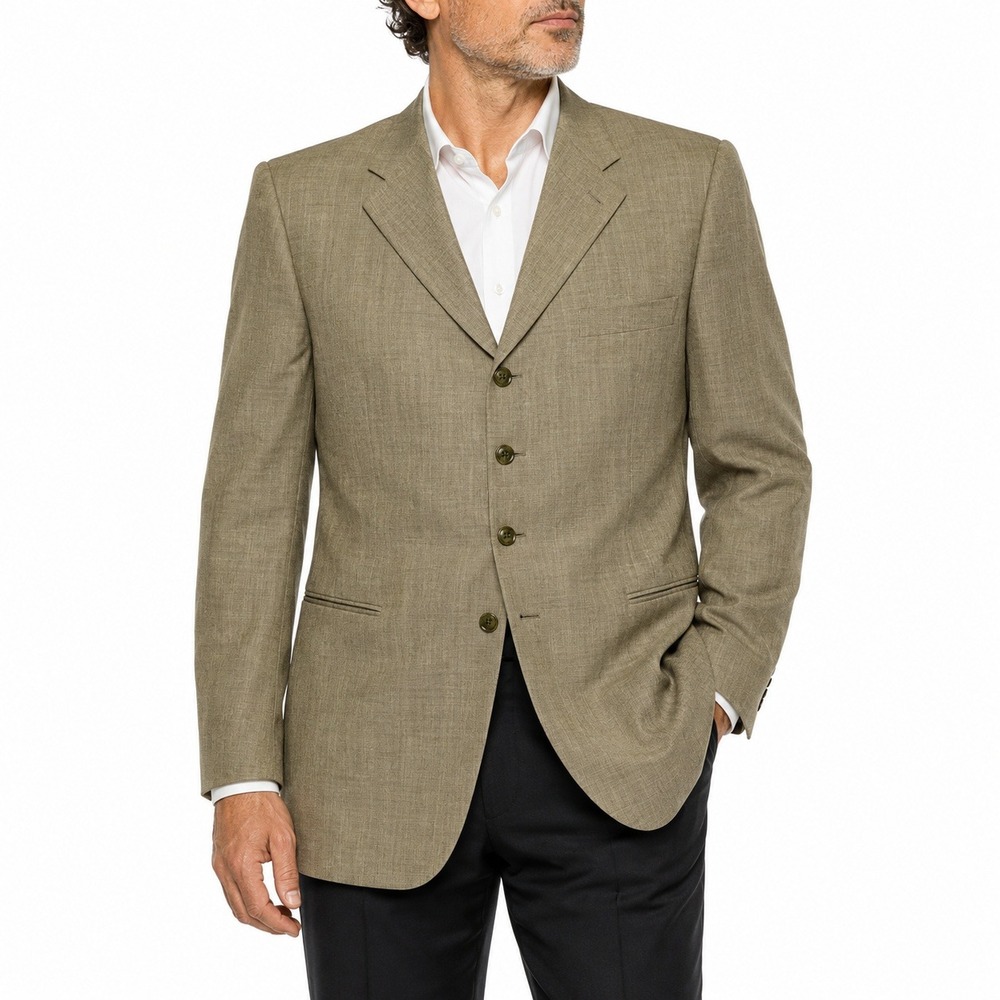 FUBU THE COLLECTION Blazer Mens 46L Olive Tan 100% Wool 4 Button Herringbone